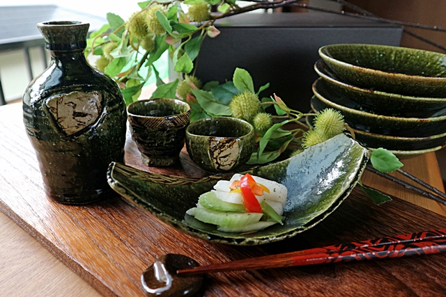 棚橋淳　織部 　皿　中皿　織部鉄絵舟型皿